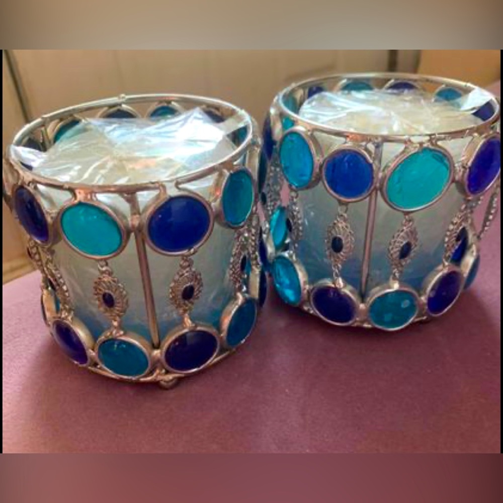 2 Blue Candle Holders (w/ Candles)